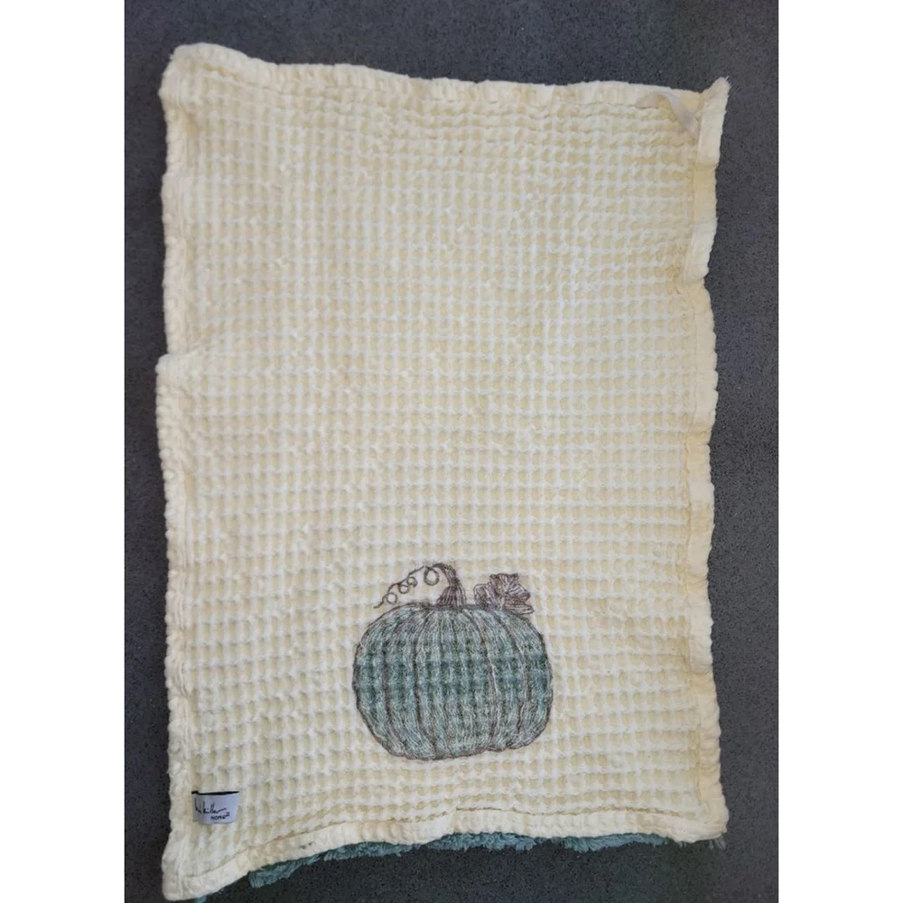Nicole Miller Home Pumpkin Kitchen Towel Cream Teal Fringe 24x12